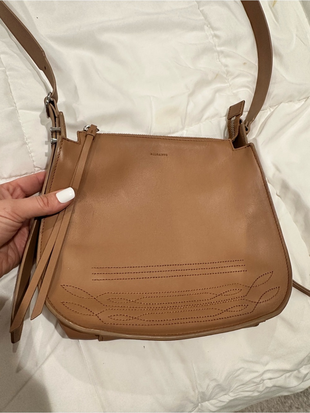 AllSaints Cognac Leather Crossbody Bag with Stitch Detail